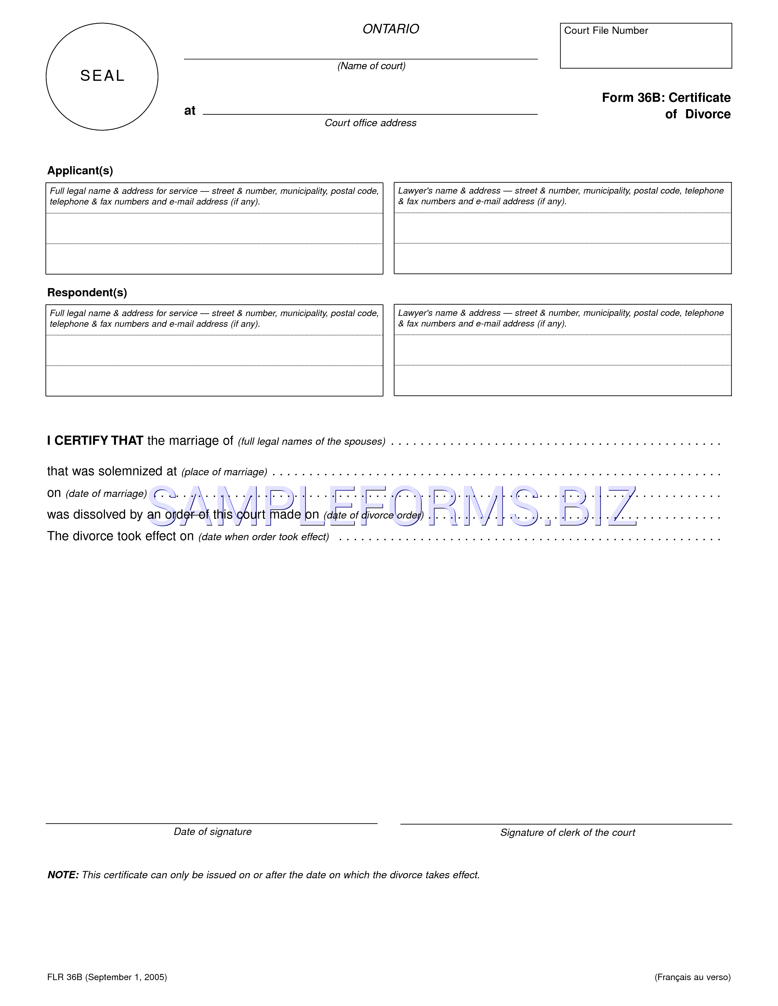 Preview free downloadable Ontario Certificate of Divorce Form in PDF (page 1)